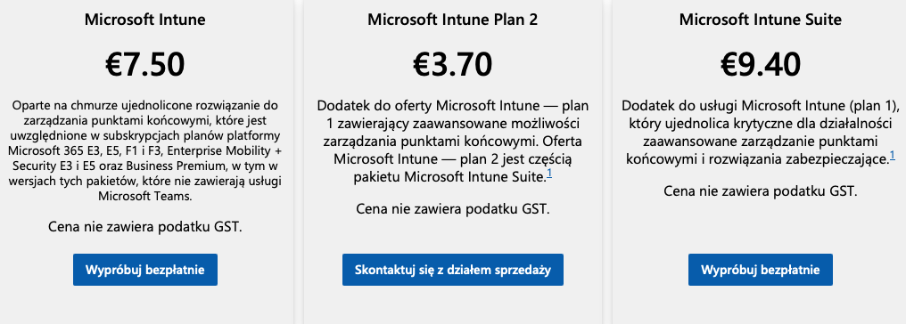 Uwaga: W ramach posiadanej subskrypcji Microsoft365 usługa Microsoft Intune P1 może już być zawarta w takich planach jak: Business Premium, E3, E5.